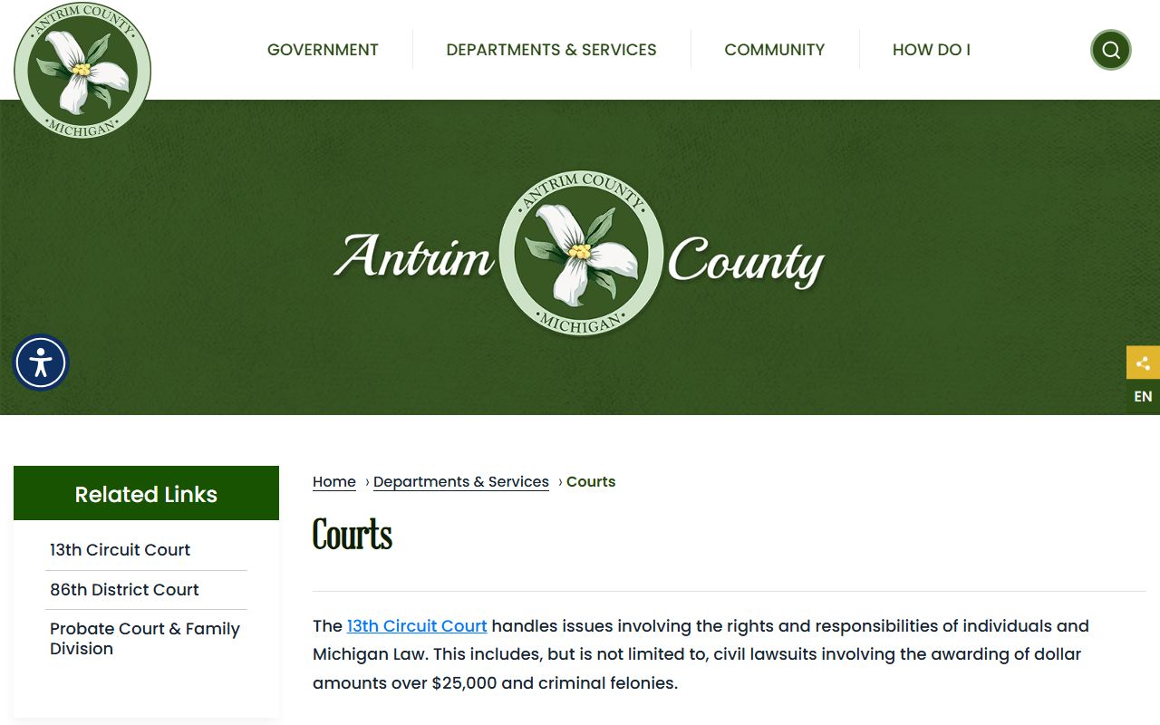 Antrim County courts page showing circuit and district court roles