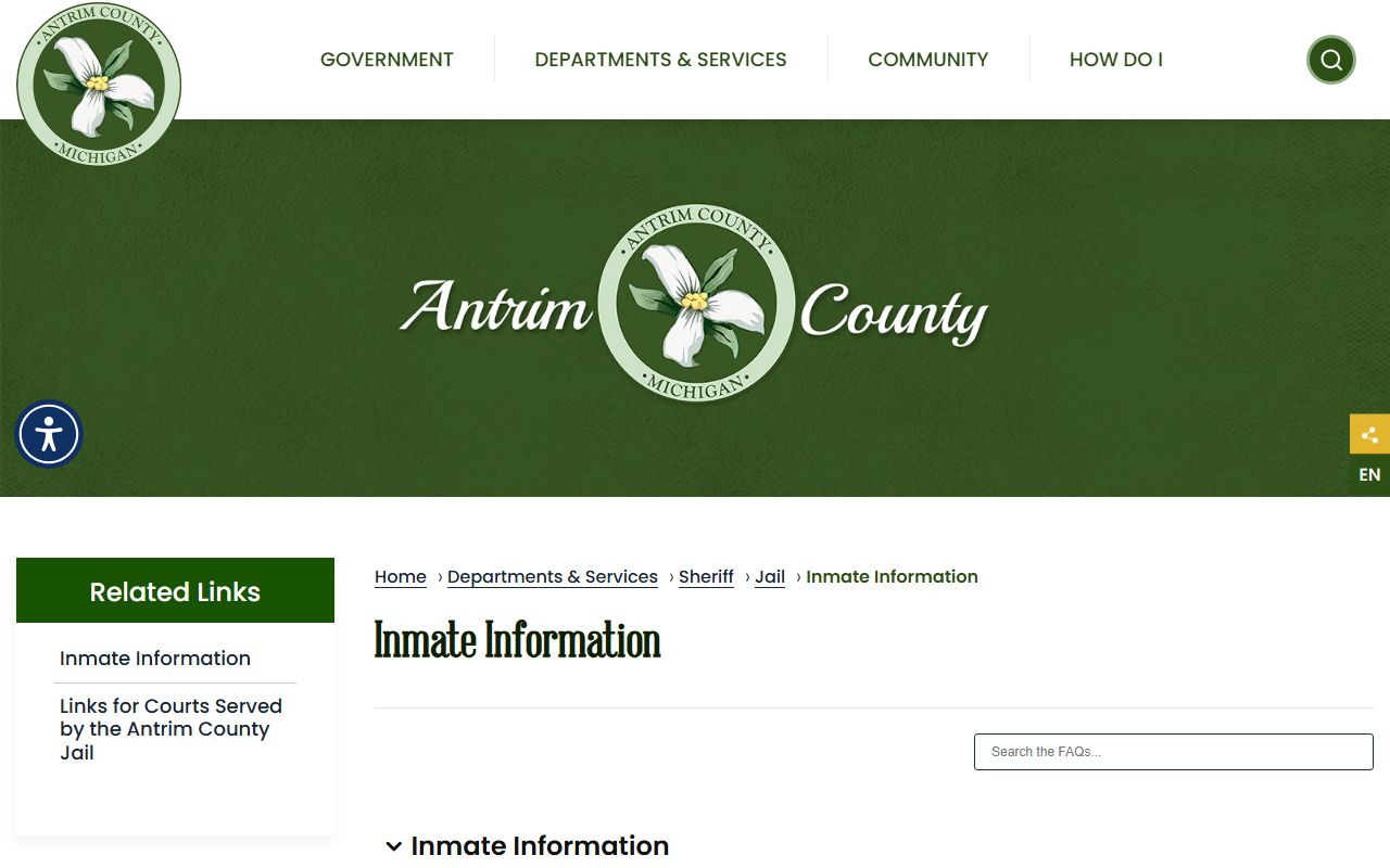 Antrim County Correctional Facility inmate services for custody notifications and jail money